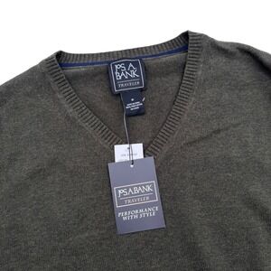 Jos A Bank Traveler Mens Medium Olive Green Pima Cotton V Neck‎ Sweater